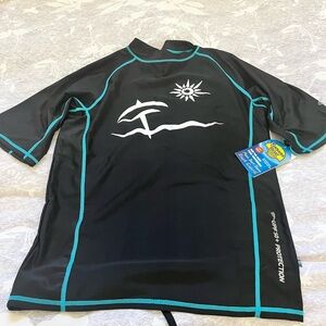 Men's Black Swim Rash Guard with Teal Contrast Stitching